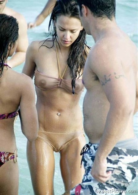 Jessica Alba wet see through bikini boobs tits nipples paparazzi