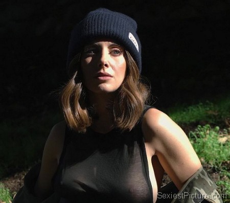 Alison Brie Braless Boobs in a See Through Top