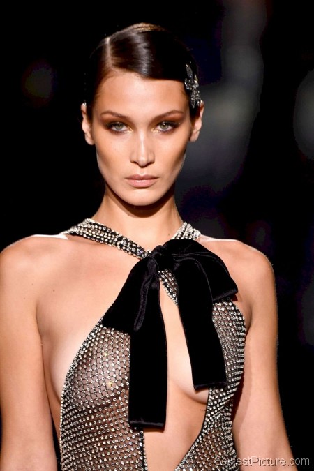 Bella Hadid Braless Boobs in a See Through Dress