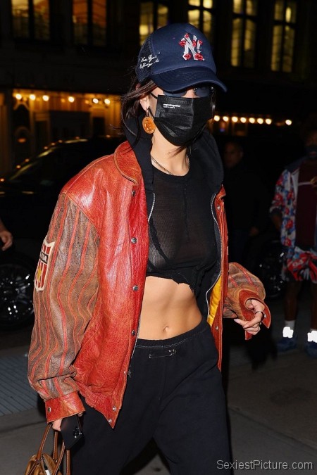Bella Hadid Braless Boobs in a See Through Top
