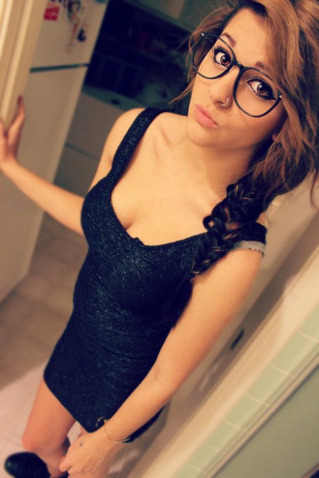 Cute sexy teen minidress glasses piercing boobs