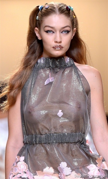 Gigi Hadid See Through Dress Boobs Big Tits Runway Model