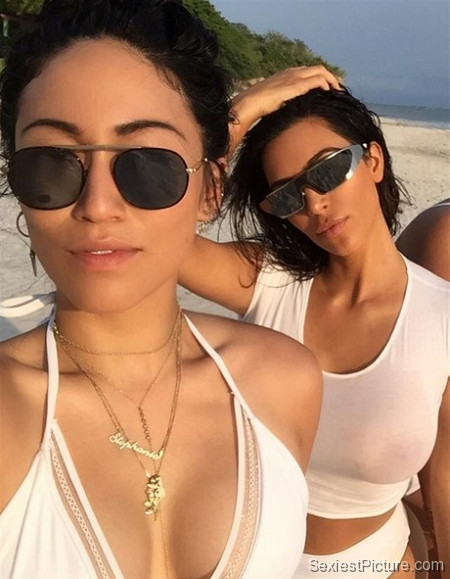 Kim Kardashian wet t shirt beach see through boobs big tits