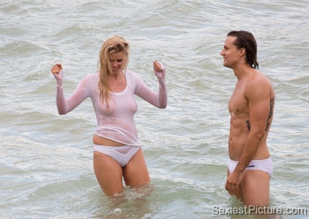 Lara Stone wet swimming see through boobs tits paparazzi