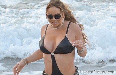 Mariah Carey nip slip boobs tits bathing suit wet paparazzi
