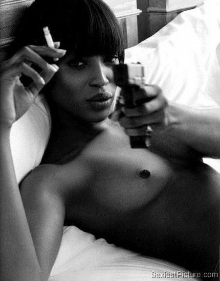 Naomi Campbell nude naked boobs big tits bed gun smoking