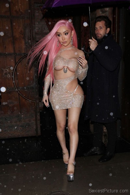 Nikita Dragun Braless Boobs in a See Through Dress