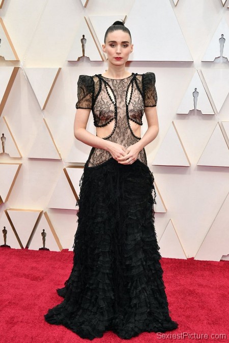 Rooney Mara Braless Boobs in a See Through Dress