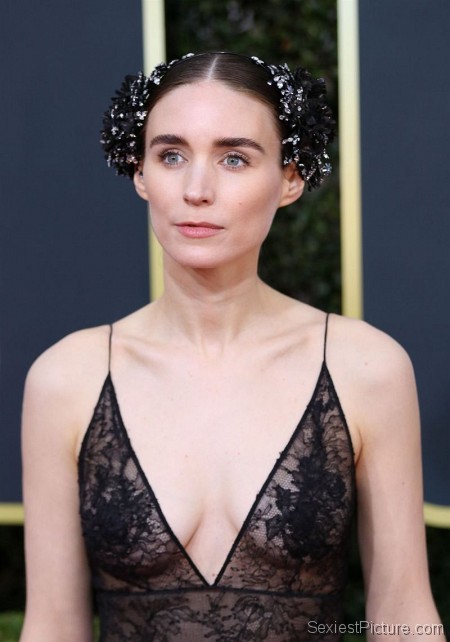 Rooney Mara Braless Boobs in a See Through Dress