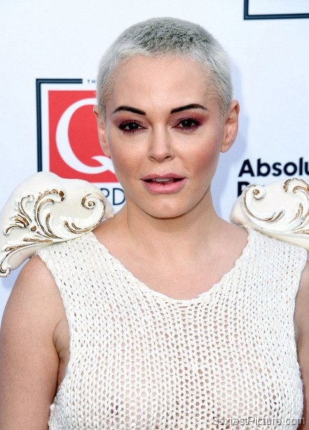 Rose McGowan Braless Boobs in a See Through Dress