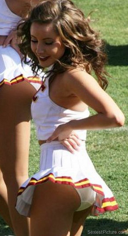 Sexy brunette school cheerleader babe upskirt uniform