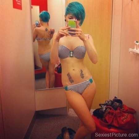 Sexy emo blue hair lingerie tattoos piercings stripping selfie