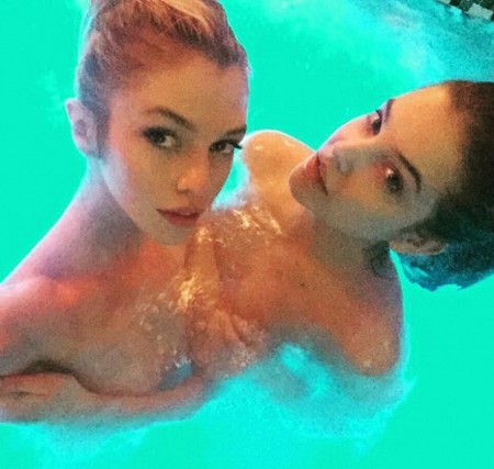 Stella Maxwell and Barbara Palvin nude naked topless swimming touching lesbian