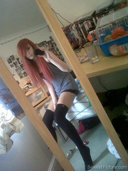 Tight petite skinny emo redhead teen tights selfie